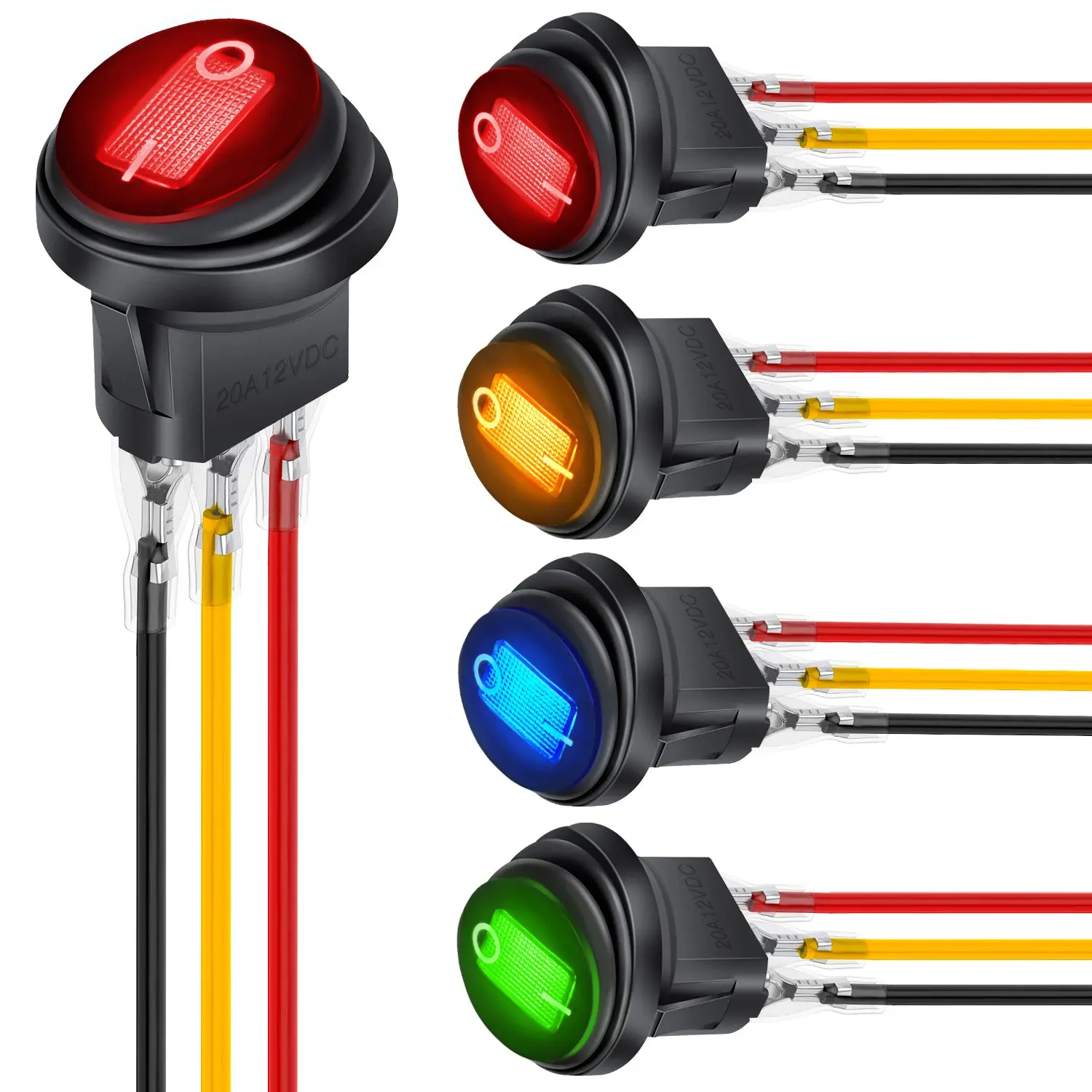 Nilight 5Pcs Waterproof Round Rocker Toggle Green Red Blue Yellow LED Switch 12V 20A 3 Pin ON Off SPST for Car Truck Boat Marine Automotive RV with Locked Terminal Wires, 12V 20A Rating, Marine Car Truck, On/Off Control