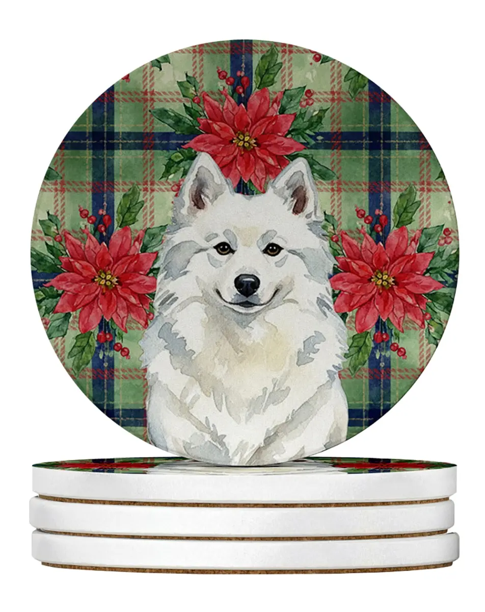 Carolines Treasures WDK8477RCS4 4 x 4 in. American Eskimo Christmas Poinsettias Large Sandstone Coasters, Pack of 4