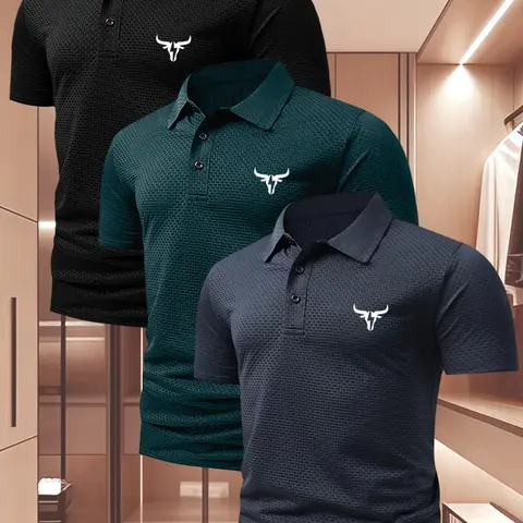 Men's Summer Plaid Short Sleeve Fitted Polo Shirt Set, Summer Clothes, Fashionable Stretch Fabric, Cow Print Graphic Design, Casual Daily Wear, 3 Piece Pack, Bull
