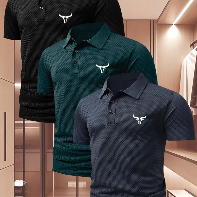 Men's Summer Plaid Short Sleeve Fitted Polo Shirt Set, Summer Clothes, Fashionable Stretch Fabric, Cow Print Graphic Design, Casual Daily Wear, 3 Piece Pack, Bull