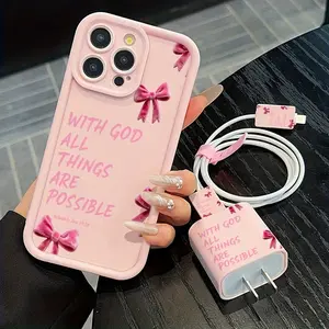 5-Piece Set High Bamboo Phone Case + Charging Head Cover + Cable Protector + Storage Rope, Anti-Drop Shockproof Tpu Protection for iPhone Series Accessories