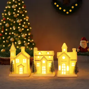 3Pcs Light Up Ceramic White Christmas Village Houses Small Porcelain Houses with 4Pcs Christmas Trees LED Tabletop Figurines Christmas Decorations for Holiday Winter Home Decor