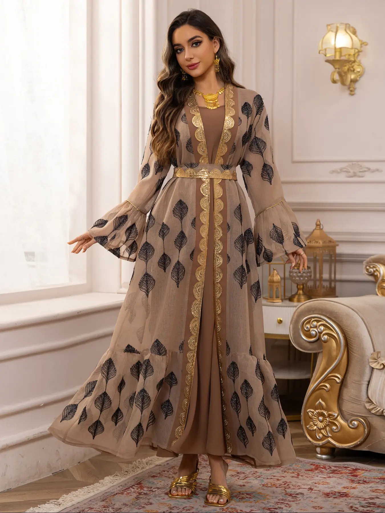 New Hot Selling Embroidered Fashion High-End Party Dress Set, Abaya Set Arabic Turkish Women's Long Sleeve Maxi Dress