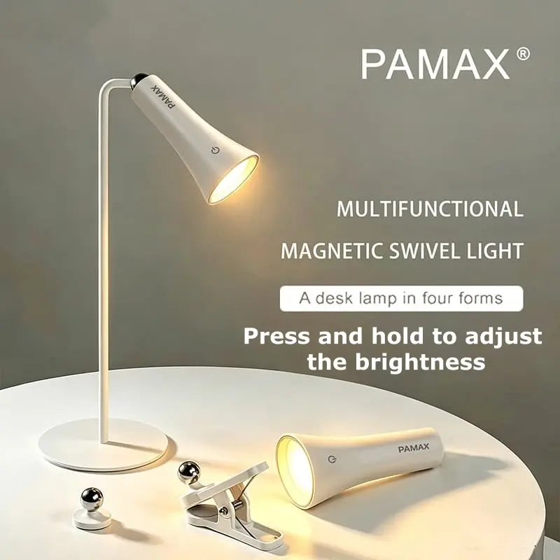 PAMAX 4-in-1 LED Lamp – Eye-Protection Reading Light, Wall-Mount Ambient Light, Portable Flashlight & Stepless Dimming Night Light, External Power & 1800mAh Rechargeable, Perfect for Bedroom, Wardrobe & Desk