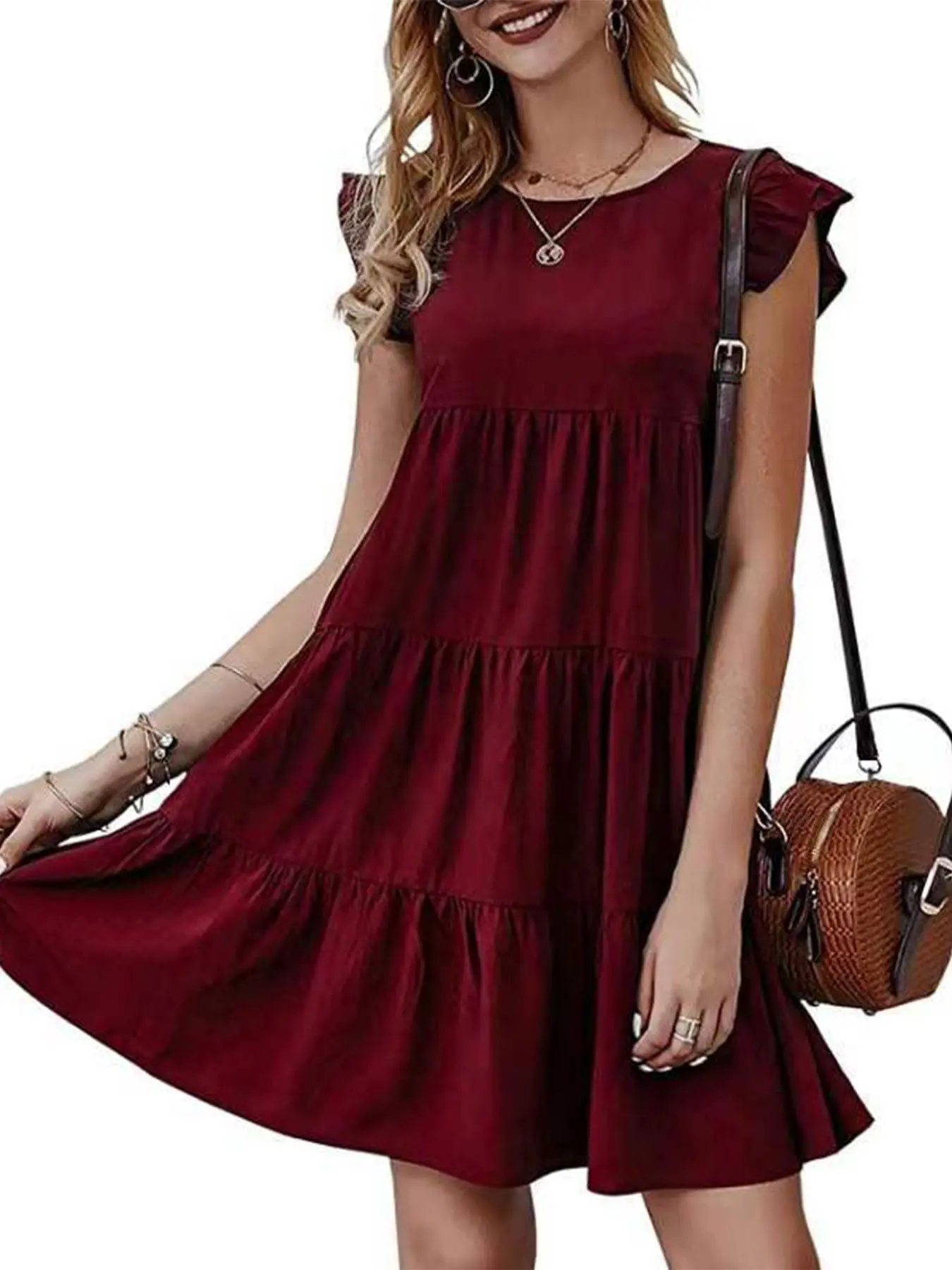 A women's solid color round neck short sleeve Boho Casual Elegant tiered dress with pleated flared hem, suitable for summer, beach vacations, gatherings with friends, and other casul occasions. Casual Loose Dress Casual Wear Basic Boho Style Dresses