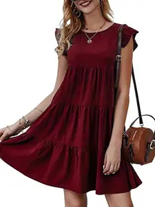 A women's solid color round neck short sleeve casual tiered dress with pleated flared hem, suitable for summer, beach vacations, gatherings with friends, and other casul occasions. Casual Loose Dress Casual Wear Basic