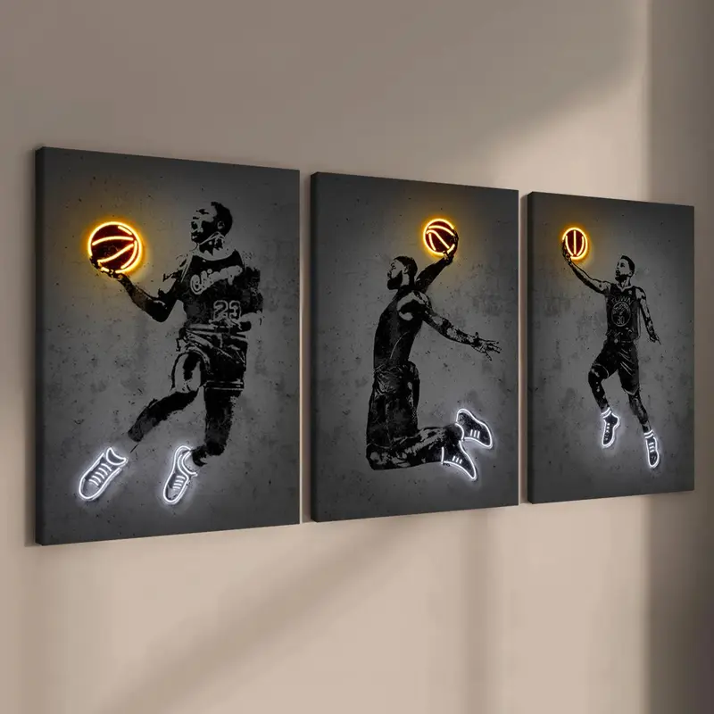 Basketball Player Pattern Canvas Painting with Frame, 3 Counts Basketball Fan Poster, Wall Art Decor for Home Living Room Bedroom Office, Modern Home Decor