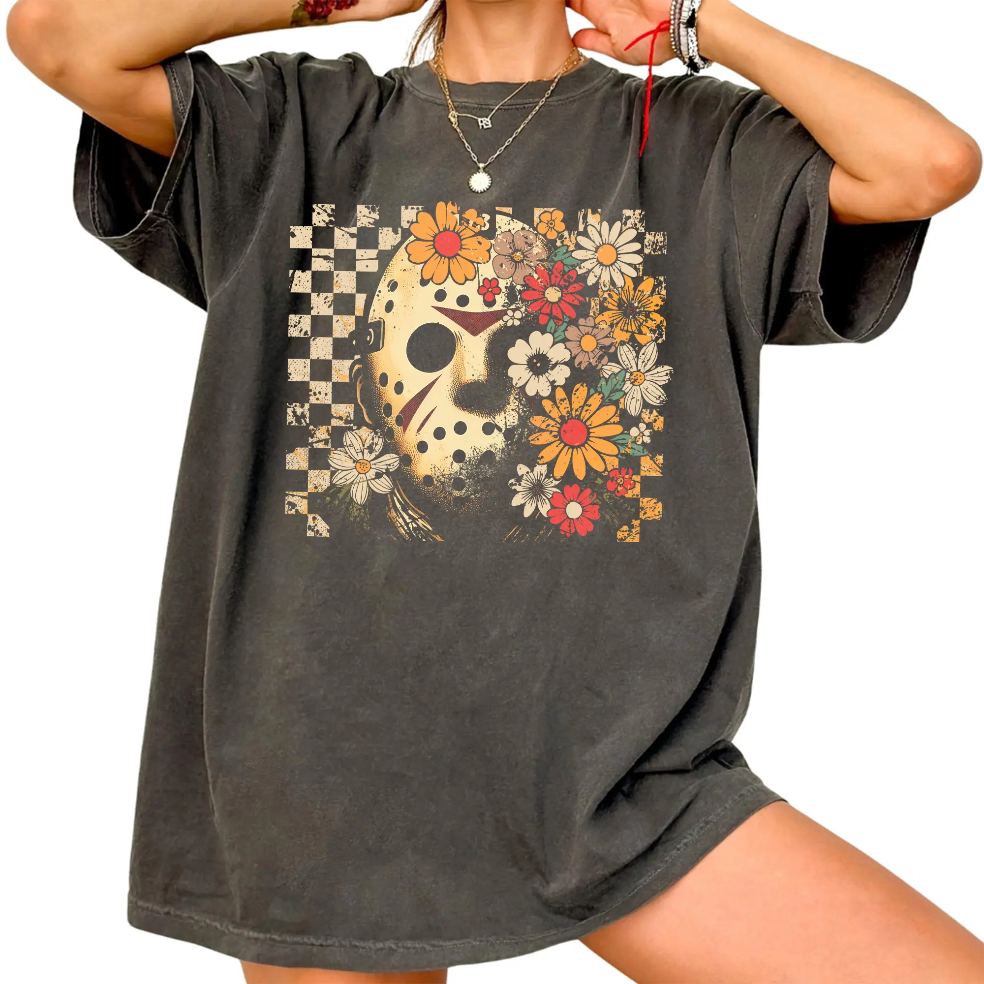 JAson Mask Flowers T-shirt, Horror Movie Shirt, Friday the 13th Vintage Tee, Skull and Floral Aesthetic, Retro Halloween Shirt, Gift for Men Women, Crew Neck T-shirt, Trending T-shirt