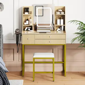Small White Vanity Desk with Mirror and Lights Makeup Vanity Desk with Charging Station Vanity Table Set with Stool 5 Drawers 4 Shelves Hair Dryer Rack Compact Vanity for Bedroom Natural Wood