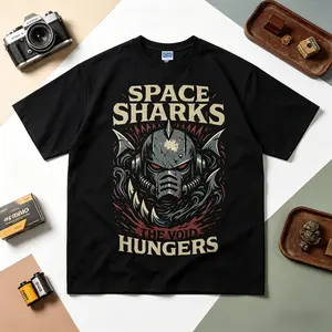 40K "Space Sharks" Vintage Oversized Tee Graphic T-shirt 100% Cotton Original Design Men's Top for Fans DTG Printing Menswear Tshirt Streetwear Tropical Crewneck Shortsleeve