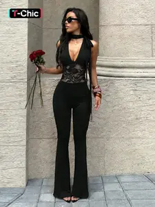 Lace Patchwork Halter One-Piece Flared Pants, Stylish and Comfortable Design, Perfect for Casual Wear, Unique Fashion Statement Piece, Womenswear