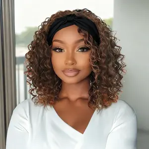 14inch Headband Wig Kinky Curly Wig Short Curly Water Wave Headband Wig Natural Black Headband Wig For Women, Glueless Half Wigs Synthetic Hair Curly Headband Wig Afro Wig with Bangs part wig human hair headband hair hairextensions curly density machine