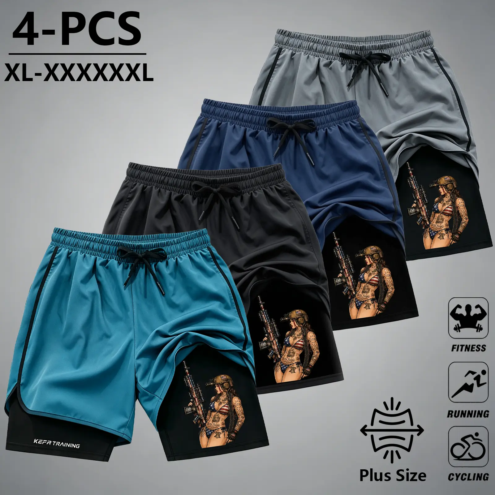 Men's 4-Pack Plus Size (2XL, 3XL, 4XL, 5XL) 2-In-1 Quick-Dry Compression Underwear with Relaxed Training Shorts, Built-In Athletic Fit, Tattoo Girl Print, for Fitness, Running, Reduced Friction