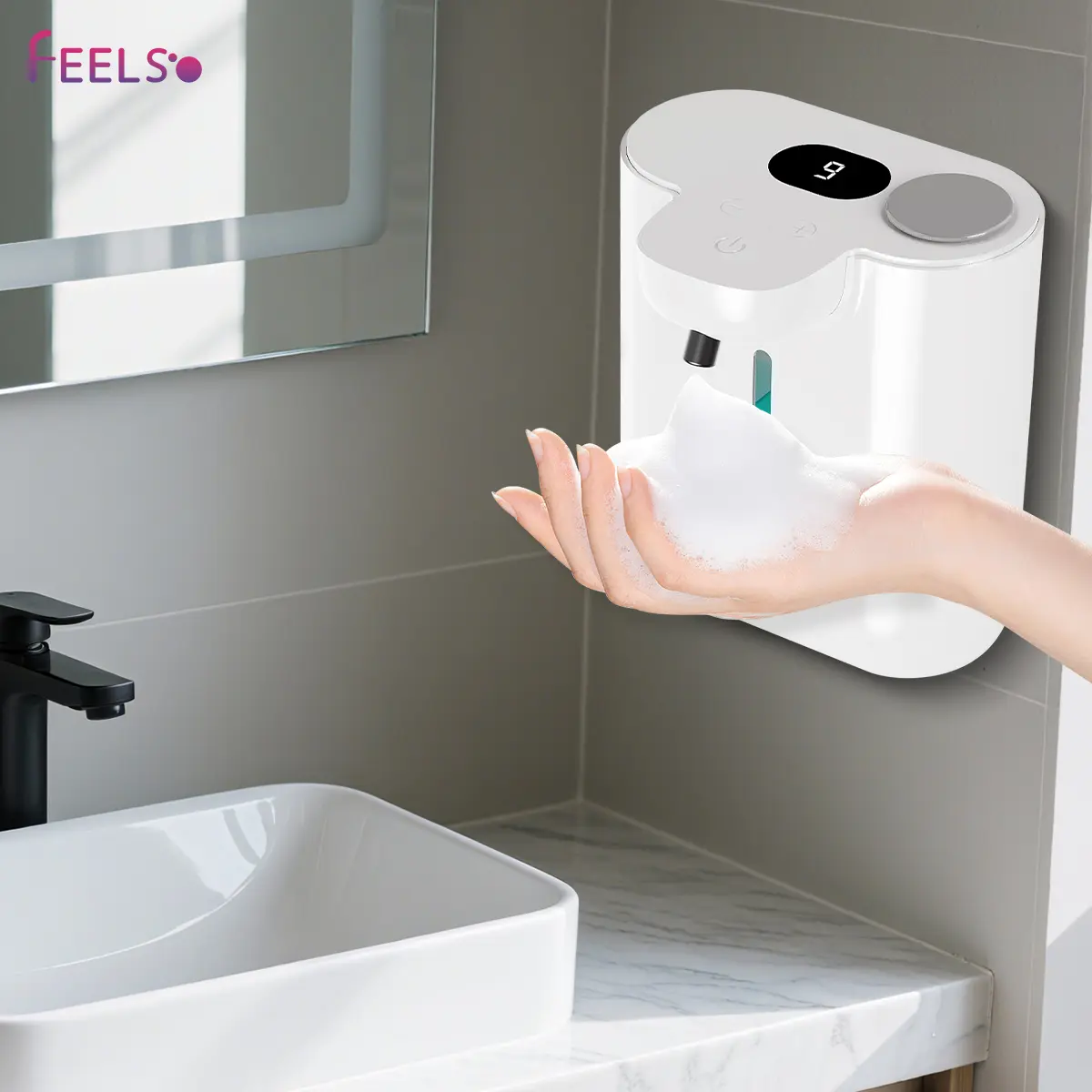 FEELSO Hands-Free Automatic Soap Dispenser - Wall Mounted Reusable Bottle-Shaped Dispenser, 500ml Large Capacity, 9 Adjustable Foam Settings, USB-C Rechargeable, LED Power Display, for Kitchen & Bathroom Home Bathroom Supplies, Wall Mounted Dispenser