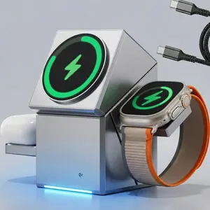 3-in-1 Rotating Wireless Charging Stand for iPhone, Apple Watch & AirPods | Expandable Drawer & Slide-Out Dual Side Design, Magnetic Phone Mount, 360° Adjustable Desk Holder with Built-in C to C Cable