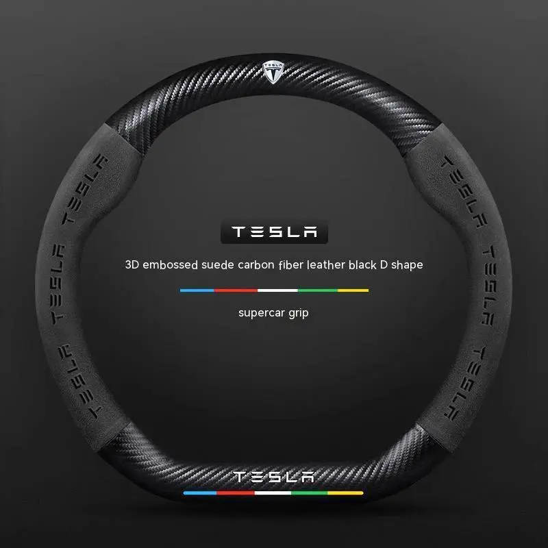 Tesla Model 3 Model Y Model S Model X Roadster Suede Carbon fiber Anti-slip Breathable Car Steering Wheel Cover Auto Accessories