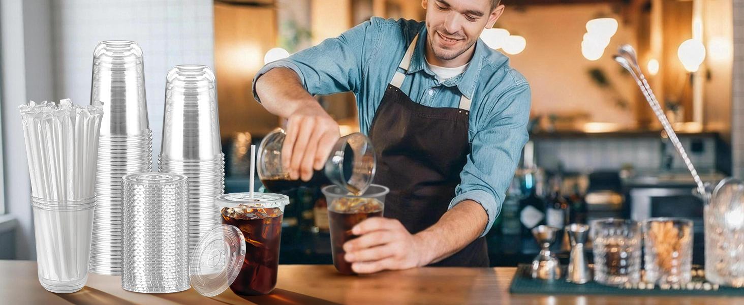50 Pack 12/16 oz Plastic Cups with Lids and Straws, Clear Disposable Plastic Cups, Heavy Duty Iced Coffee Cups with Leak-Resistant Lids, Cold Drink Cups for Juice, Coffee and Milk Tea & Party To Go