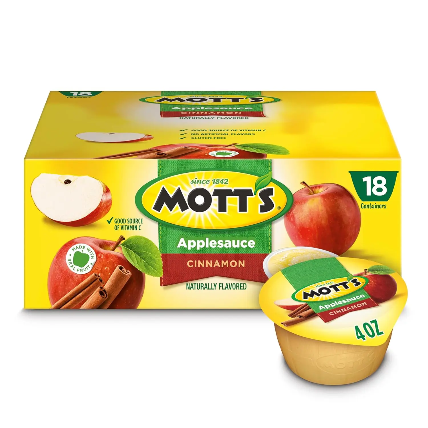 Cinnamon Applesauce, 4 Oz Cups, 18 Count, No Artificial Flavors, Good Source Of Vitamin C, Nutritious Option For The Whole Family