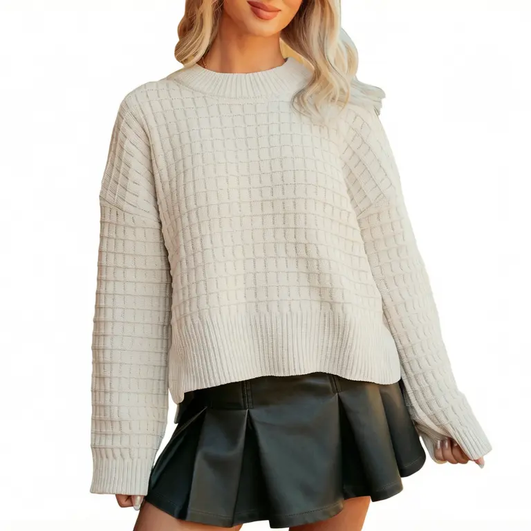 Asvivid Women Waffle Knit Drop Shoulder Sweater Round Neck Side Slit Casual Pullover Top For Spring Fall Daily Outfits sohochic