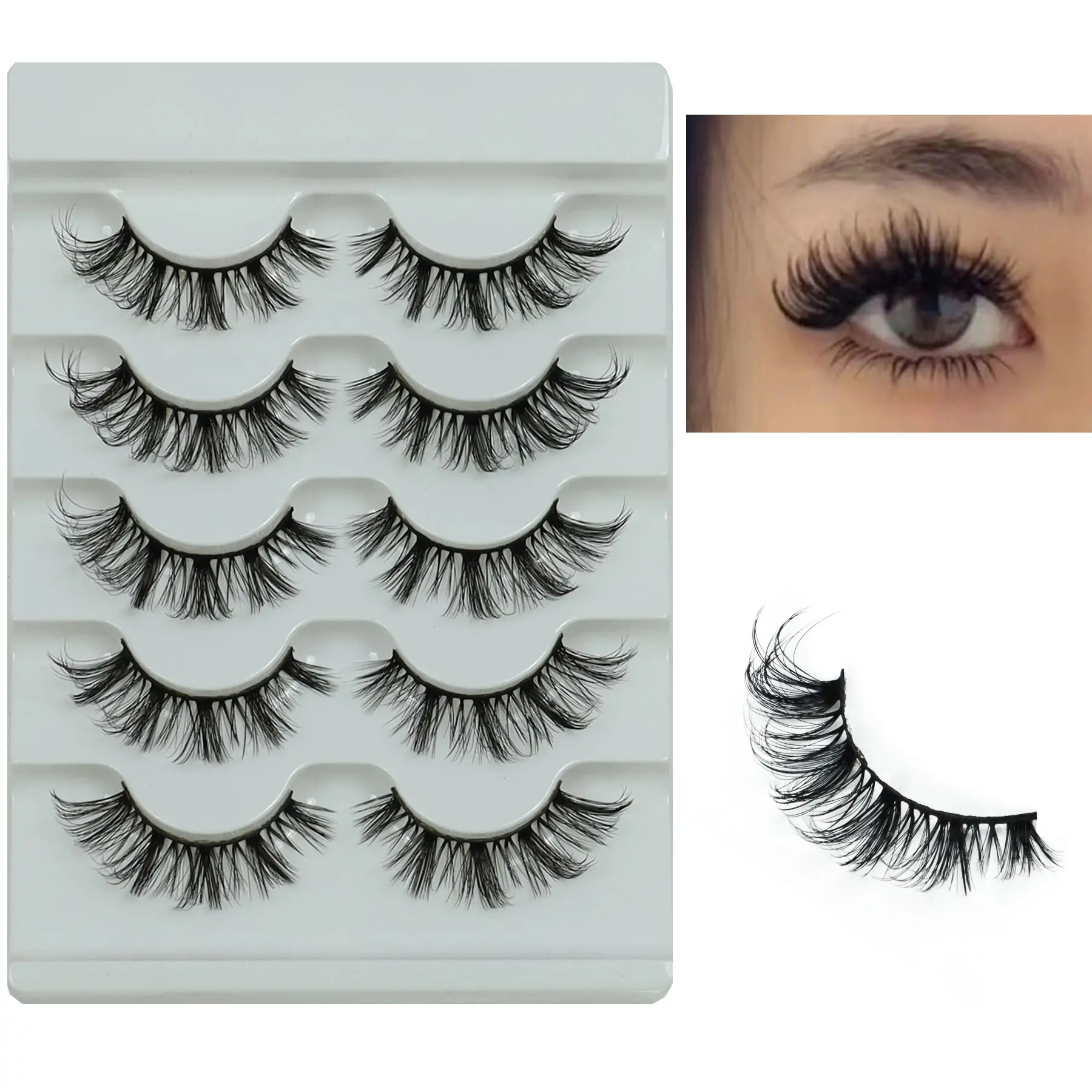 Five pairs of black striped stem fake eyelashes Thai spicy girl manga eyes 3D clustered front short back long rolled up eyelashes novice