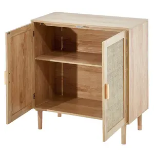 【DealsForYouDays】Rattan Cabinet Storage with 2 Magnetic Doors & Adjustable Shelves Natural