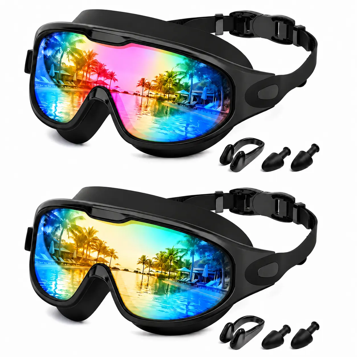 Men & Women Swimming Goggles with Nose Clips and Earplugs, 180° HD Wide View, No Leaking, Anti-Fog, UV Protection Protection for Adult & Youth