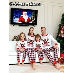 Christmas Family Pajama Set, Four-Piece Two-Piece Set, Cartoon Hat Nose Deer Letter Top, Striped Plaid Pants