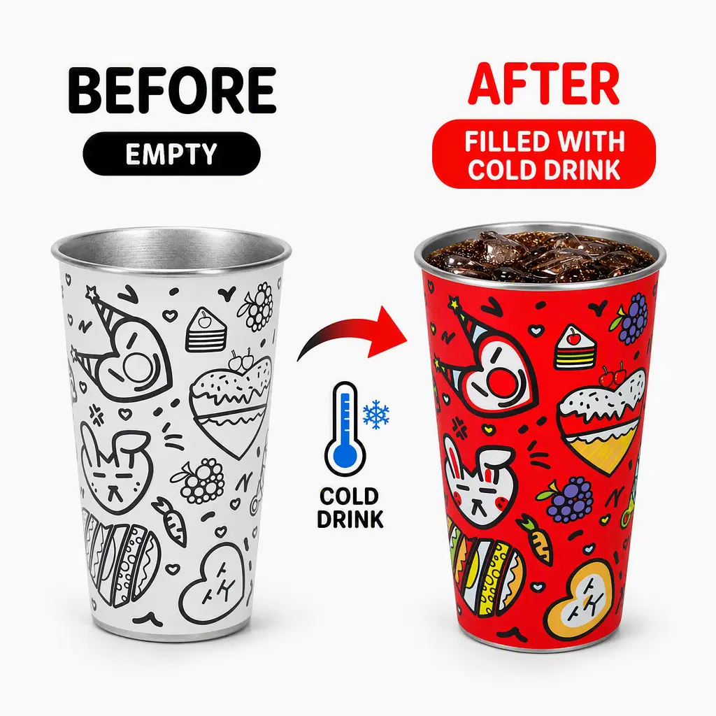 Color ChangingStainless Steel Cups Set of 4 – Magic Reveal Design Appears When Cold (59°F / 15°C) – 304 Food-Grade Cups Drinkware Flasks