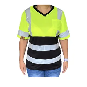 Anc Workwear Women's Elite PETITE Safety Shirt: Black & Yellow High-Visibility Polyester   Womenswear Clothing Uniform Vneck Streetwear Lady Comfort