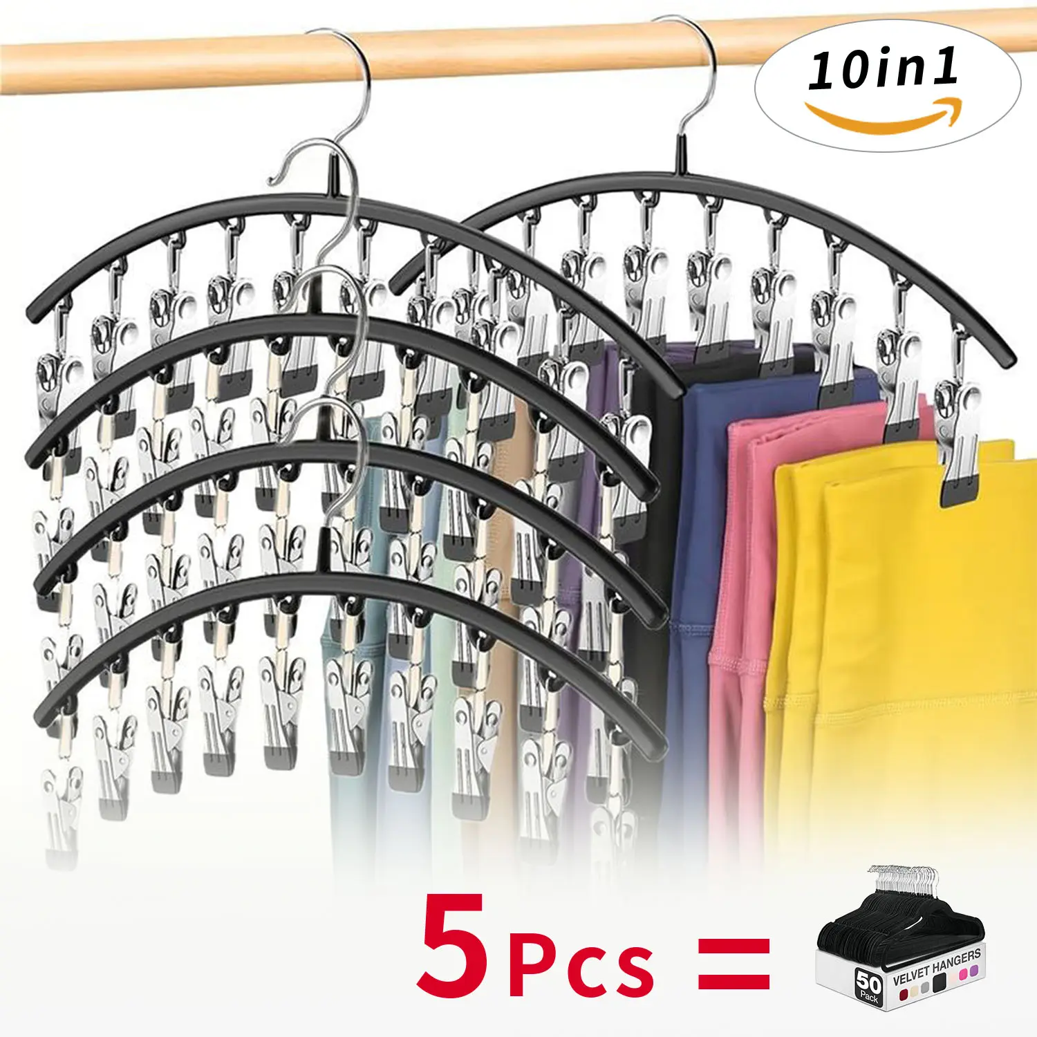 Legging Organizer for Closet Metal Yoga Pants /Hat Hangers 5 Pack w/10 Clips Holds 50 Leggings Space Saving Hanging Closet Organizer w Rubber Coated Closet Organizers and Storage Black, organization tools