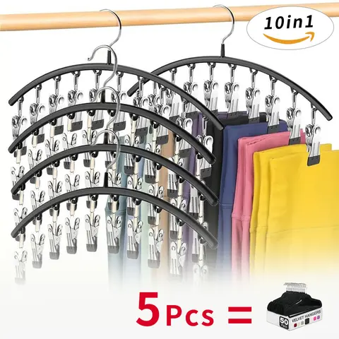 Metal-Rubber Flared Legging Hanging Clothes Organizer 5-Pack - 10 Rubber-Coated Clips Holds 50 Leggings, Space-Saving Closet Organizer Storage, Athleisure Hangers & Pegs for Yoga Pants, Waist Trainers, Box-Compatible Home Storage Organization