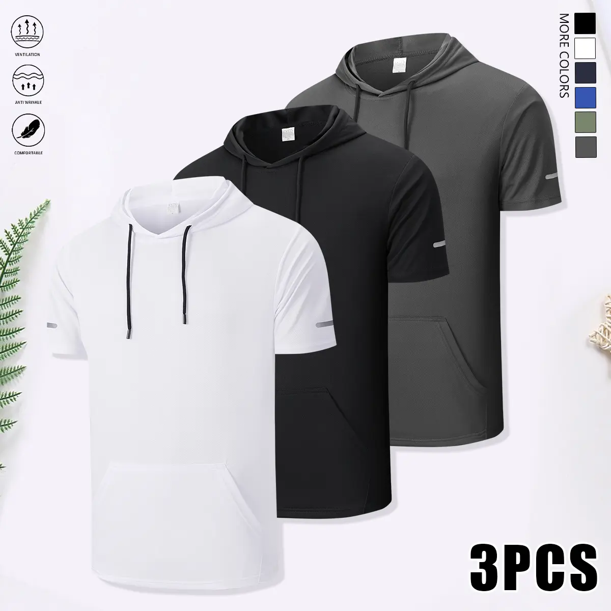 Set of 3 men’s sports casual hooded T-shirts featuring a kangaroo pocket design, solid color, breathable quick-dry fabric, suitable for running, workouts, indoor fitness, and more; summer clothing, men’s T-shirt.