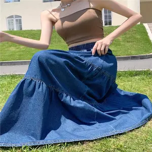 Women's Plus Size Flared Denim Maxi Skirt with playful Ruffled Hem, Elastic High Waist Lightweight Elegant Smock Jean Skirt for Summer, Casual Blue Charm Comfort Women Clothing