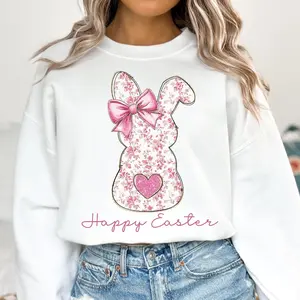 Happy Easter Pink Floral Chinoiserie Bunny Sweatshirt T-Shirt, Grand Millennial Easter Shirt, Pink Toile Easter Rabbit Tee, Easter Coquette Shirt For Girls