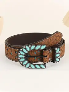 Women's Vintage Turquoise Texture Decorated Pu Buckle Belt, Boho Style Rhinestone Decorated Trendy Belt for Jeans, Fashion Belt for Party, Daily Clothing Decor Western Concho Belts, Stylish Belts