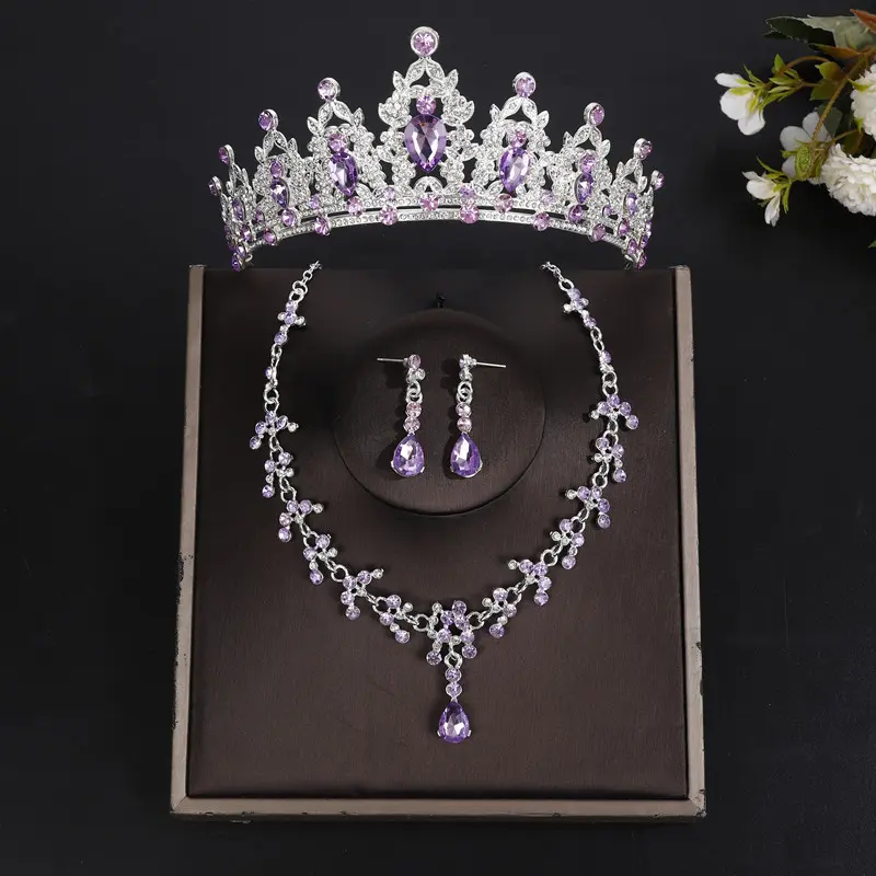 Silver light purple crown+necklace+earri