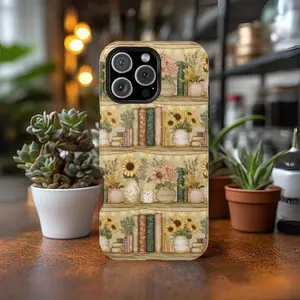 Sunflower Bookshelf Phone Case Floral Bookish Phone Cover Vintage Book Lovers Gift Summer Bookcase Suitable for IPhone17 11 12 13 14 15 16 Pro Max Air Plus