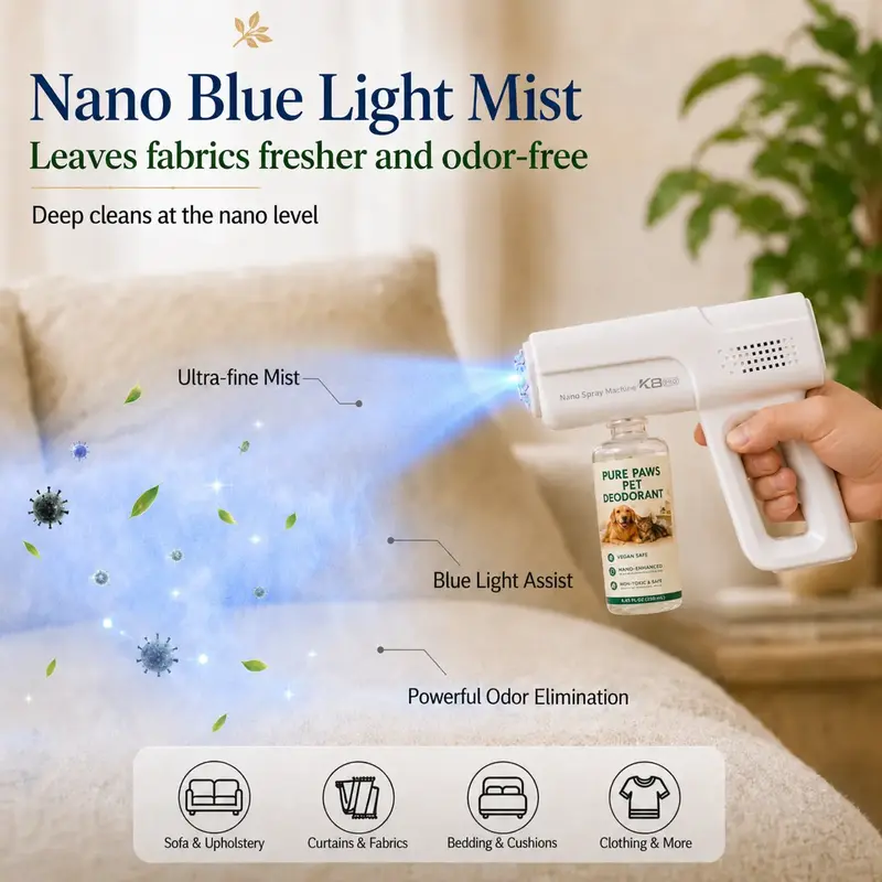 Blue Light Anti-Mite Probiotic Odor Eliminator Spray Gun Kit with 4 Refills, Bio-Enzyme Pet-Friendly Cleaner, Breaks Down Pet Urine, Safe if Licked, Deodorizes Smoke & Toilet Odors