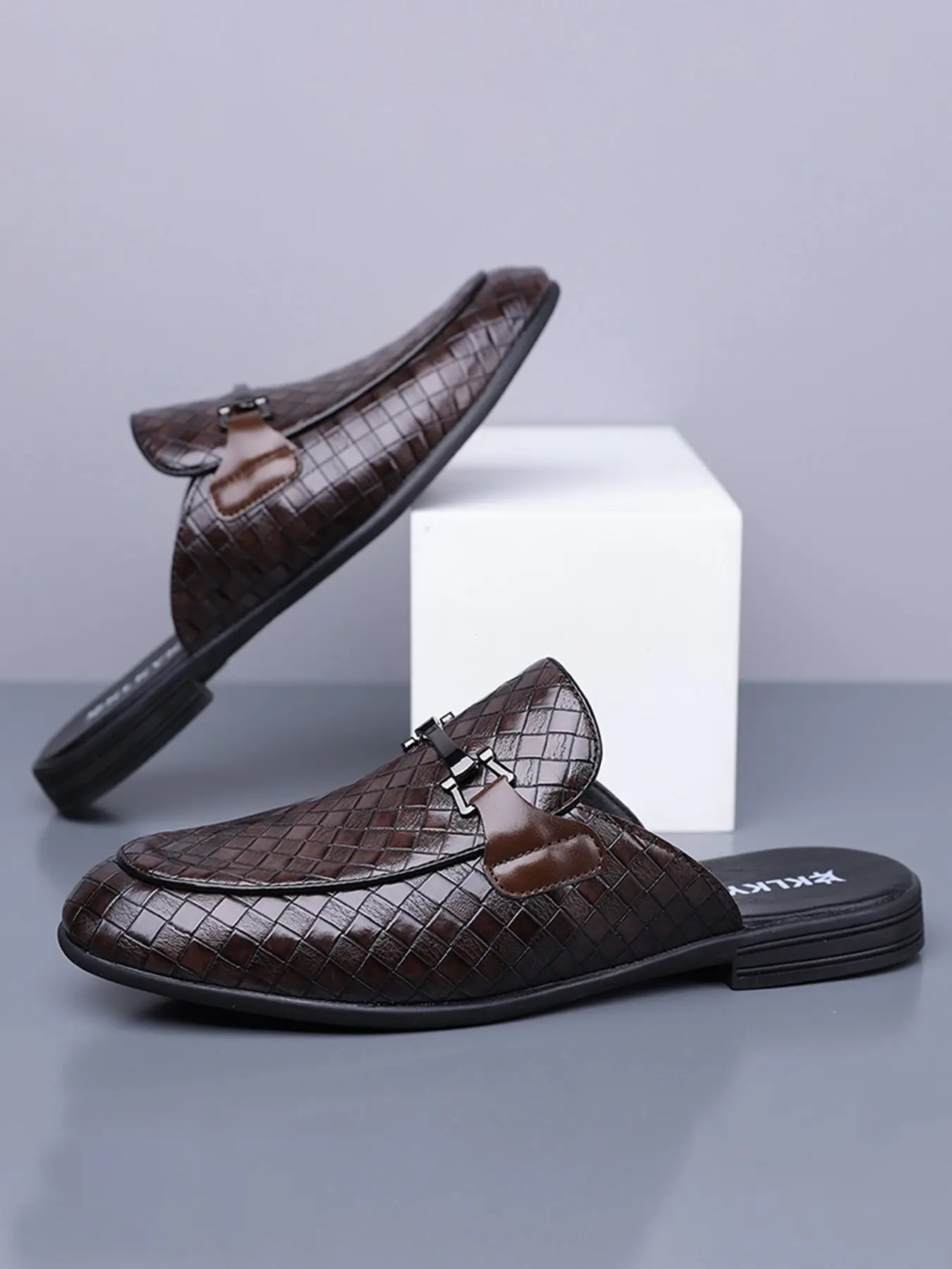 Men's Slip-On Casual Dress Sandals, PU Leather Round Toe, Anti-Slip Rubber Comfortable Summer Business Shoes, All-Season Formal Footwear