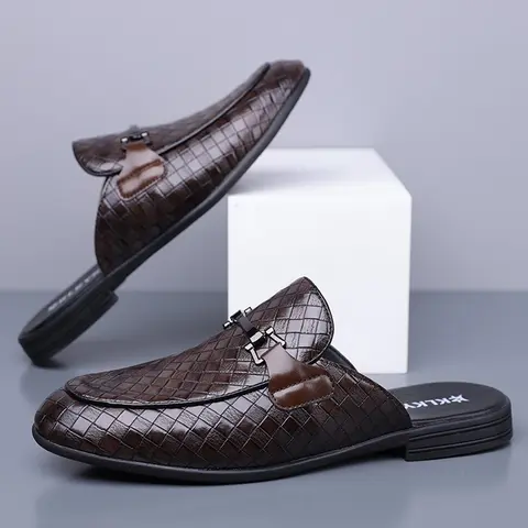 Men's Slip-On Casual Dress Sandals, PU Leather Non Slip Mules Round Toe, Anti-Slip Rubber Comfortable Summer Business Shoes, All-Season Formal Footwear