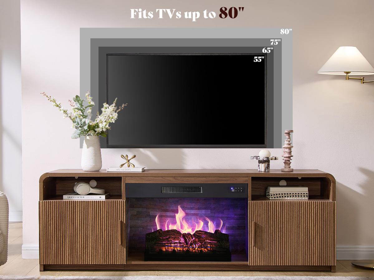 AMERLIFE 70" Fluted Fireplace TV Stand for TVs Up to 80", Modern TV Console with 30" Electric Fireplace & Storage Cabinets, Media Entertainment Center for Living Room