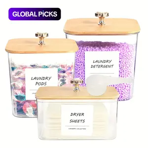 Laundry Room Storage Container, 1 Set Including 3 Counts Clear Laundry Pods Container & 2 Counts Spoons & Labels, Home Organizer for Bathroom, Storage Bottles, Plastic Containers #GLOBAL PICKS