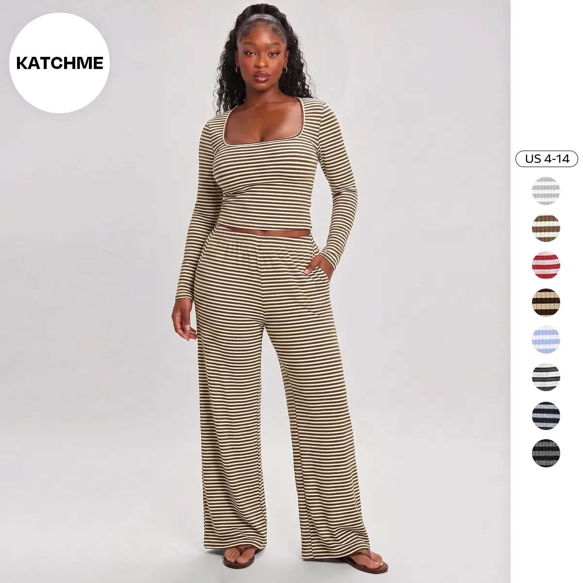 Katch Me Chic Women's Versatile Square Neck Stripe Long Sleeve Crop Top & Low-Rise Wide Leg Trousers Co-ord, Cozy Two Piece Sets for Fall & Spring, Casual Womenswear