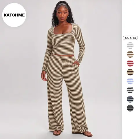 Katch Me Chic Women's Versatile Square Neck Stripe Long Sleeve Crop Top & Low-Rise Wide Leg Trousers Co-ord, Cozy Two Piece Sets for Fall & Spring, Casual Womenswear