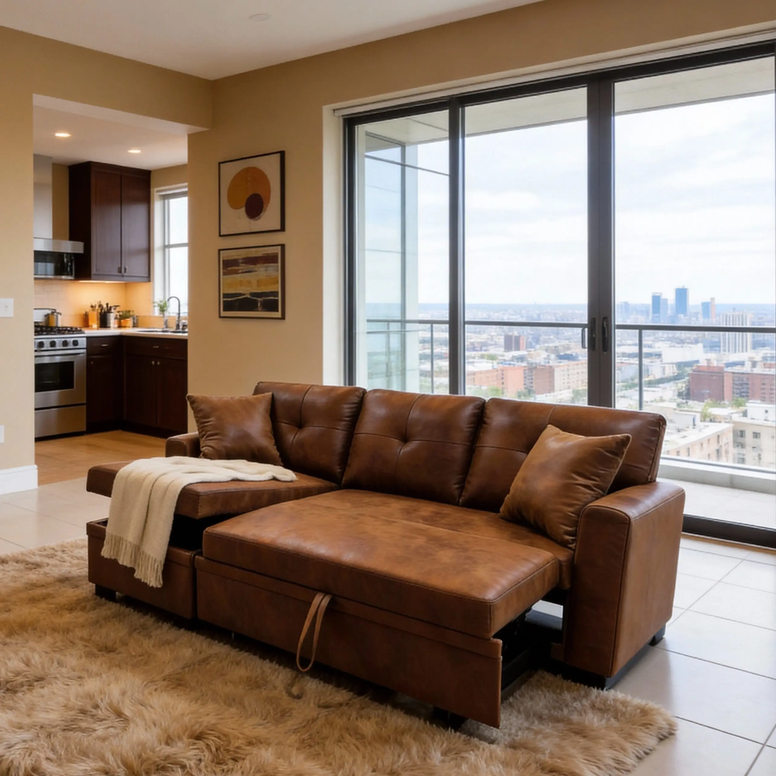 Sturdy Durable L-Shaped Sectional Sleeper Sofa - PU Leather & Fabric Upholstery, Extendable Pull-Out Bed, Reversible Storage Chaise, Breathable Cushion, Pillows Included, Space-Saving Convertible Couch for Small Spaces, Condos, Guest Rooms