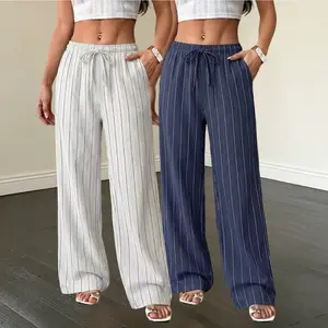 Women’s two-piece set featuring a striped couple design; versatile wide-leg pants that are casual, loose, comfortable, and drawstring long trousers. Comfortable, loose, skin-friendly design—perfect for everyday wear and weekend outings. Beach pants—an ess
