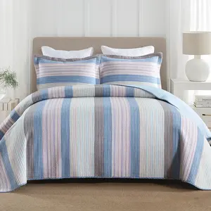 3 Piece 100% Cotton Striped Quilt Set Lightweight Bedspread Set for Bedroom Bed with Classic Striped Design and Soft Comfortable
