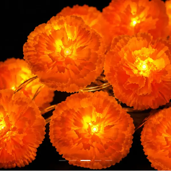 3 m Mexican Marigold Flower String Lights, 20 Flashing Orange LED Cempasuchil Style Garland, Battery Powered Day of the Dead Altar Halloween Fall Decor