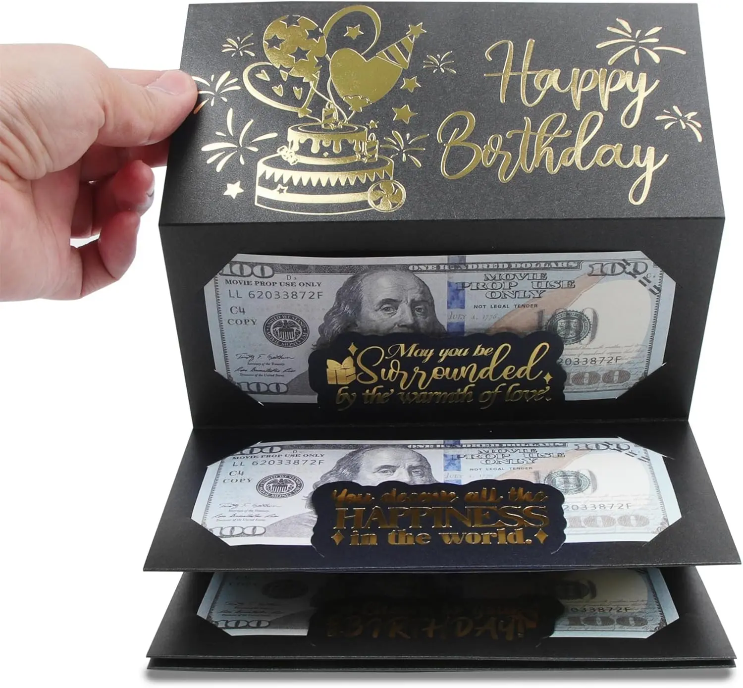 Birthday Money Envelope for Cash Gifts, Surprise Cash Envelope for Men Women Kids, Birthday Gift Card for Men Women Girls Boys, Black Gold Money Holder