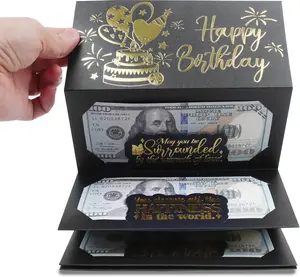 Birthday Money Envelope for Cash Gifts, Surprise Cash Envelope for Men Women Kids, Birthday Gift Card for Men Women Girls Boys, Black Gold Money Holder